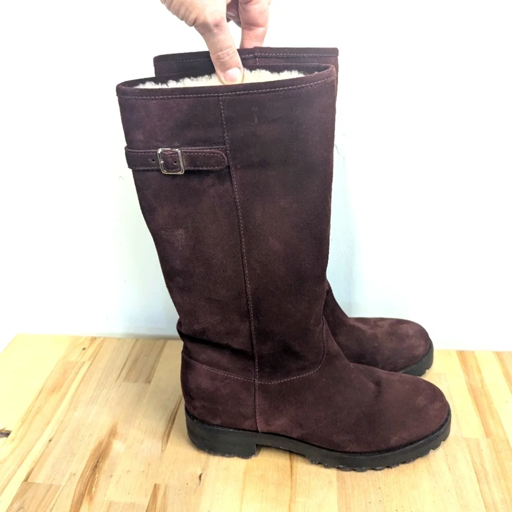 Bally Tall Suede shearling Boots Maroon Apres Ski Designer 36 5.5 / 6 Lug Soles